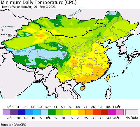 China, Mongolia and Taiwan Minimum Daily Temperature (CPC) Thematic Map For 8/28/2023 - 9/3/2023