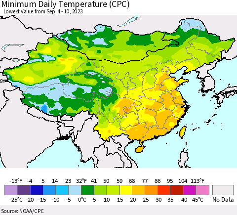 China, Mongolia and Taiwan Minimum Daily Temperature (CPC) Thematic Map For 9/4/2023 - 9/10/2023