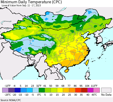 China, Mongolia and Taiwan Minimum Daily Temperature (CPC) Thematic Map For 9/11/2023 - 9/17/2023
