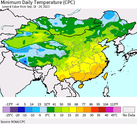 China, Mongolia and Taiwan Minimum Daily Temperature (CPC) Thematic Map For 9/18/2023 - 9/24/2023