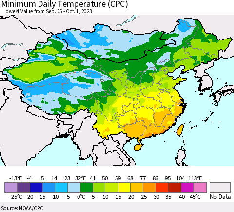 China, Mongolia and Taiwan Minimum Daily Temperature (CPC) Thematic Map For 9/25/2023 - 10/1/2023