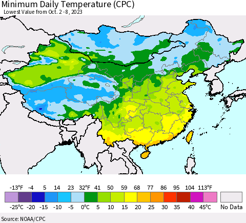 China, Mongolia and Taiwan Minimum Daily Temperature (CPC) Thematic Map For 10/2/2023 - 10/8/2023