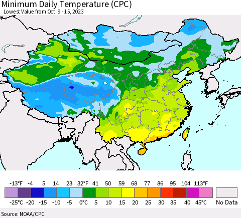 China, Mongolia and Taiwan Minimum Daily Temperature (CPC) Thematic Map For 10/9/2023 - 10/15/2023