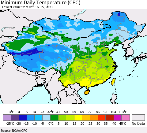 China, Mongolia and Taiwan Minimum Daily Temperature (CPC) Thematic Map For 10/16/2023 - 10/22/2023