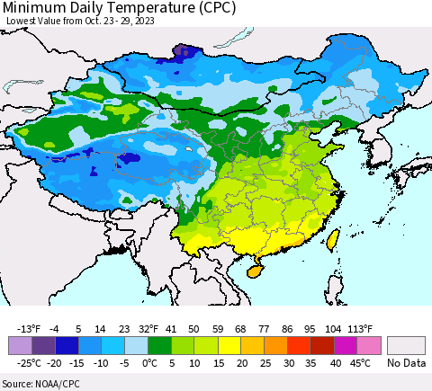 China, Mongolia and Taiwan Minimum Daily Temperature (CPC) Thematic Map For 10/23/2023 - 10/29/2023
