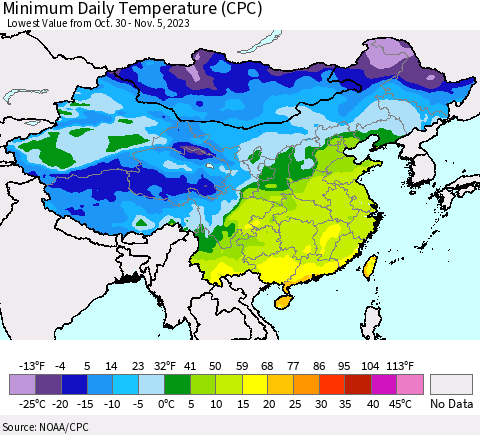 China, Mongolia and Taiwan Minimum Daily Temperature (CPC) Thematic Map For 10/30/2023 - 11/5/2023