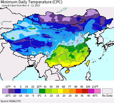 China, Mongolia and Taiwan Minimum Daily Temperature (CPC) Thematic Map For 11/6/2023 - 11/12/2023