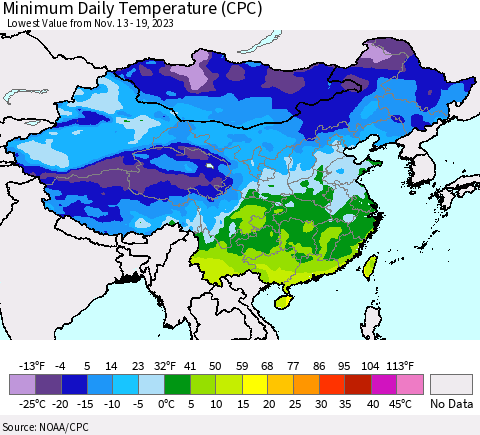 China, Mongolia and Taiwan Minimum Daily Temperature (CPC) Thematic Map For 11/13/2023 - 11/19/2023