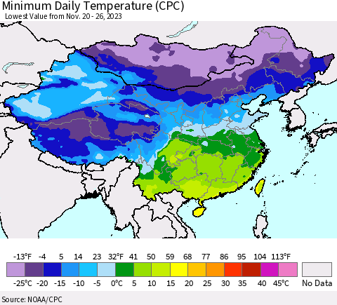 China, Mongolia and Taiwan Minimum Daily Temperature (CPC) Thematic Map For 11/20/2023 - 11/26/2023