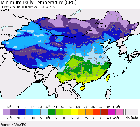 China, Mongolia and Taiwan Minimum Daily Temperature (CPC) Thematic Map For 11/27/2023 - 12/3/2023