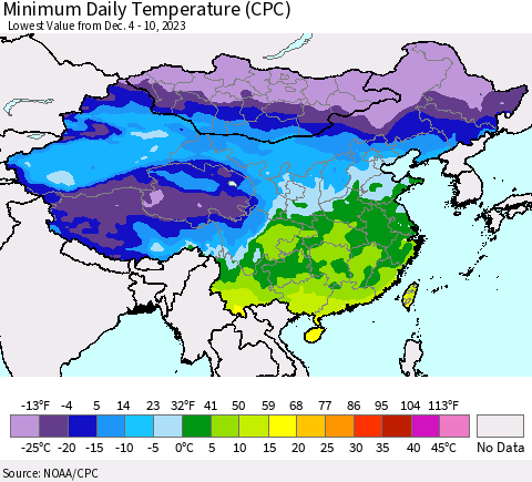China, Mongolia and Taiwan Minimum Daily Temperature (CPC) Thematic Map For 12/4/2023 - 12/10/2023