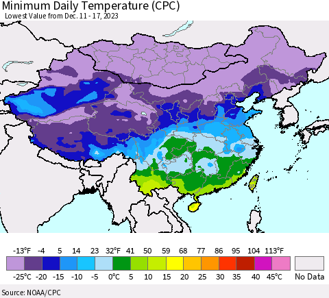 China, Mongolia and Taiwan Minimum Daily Temperature (CPC) Thematic Map For 12/11/2023 - 12/17/2023