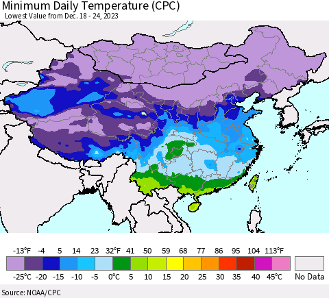 China, Mongolia and Taiwan Minimum Daily Temperature (CPC) Thematic Map For 12/18/2023 - 12/24/2023