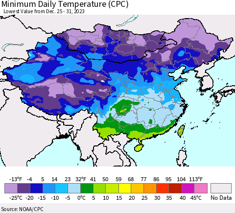 China, Mongolia and Taiwan Minimum Daily Temperature (CPC) Thematic Map For 12/25/2023 - 12/31/2023