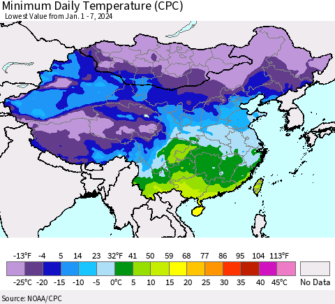China, Mongolia and Taiwan Minimum Daily Temperature (CPC) Thematic Map For 1/1/2024 - 1/7/2024