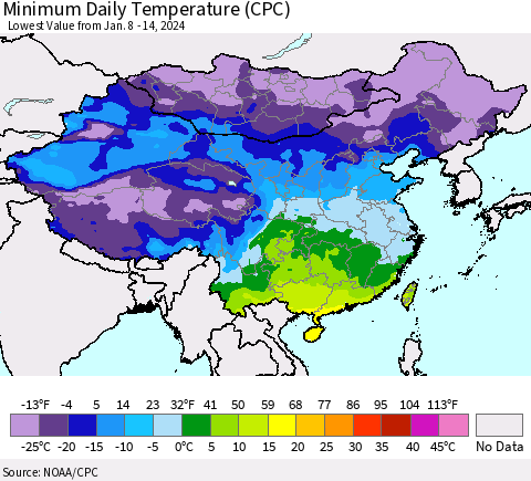 China, Mongolia and Taiwan Minimum Daily Temperature (CPC) Thematic Map For 1/8/2024 - 1/14/2024