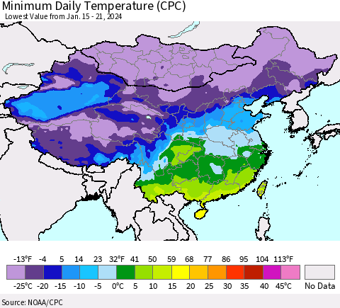 China, Mongolia and Taiwan Minimum Daily Temperature (CPC) Thematic Map For 1/15/2024 - 1/21/2024