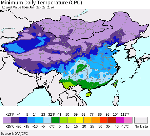 China, Mongolia and Taiwan Minimum Daily Temperature (CPC) Thematic Map For 1/22/2024 - 1/28/2024