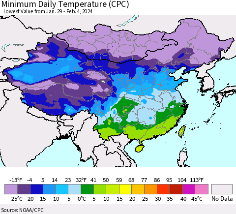China, Mongolia and Taiwan Minimum Daily Temperature (CPC) Thematic Map For 1/29/2024 - 2/4/2024