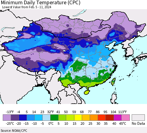 China, Mongolia and Taiwan Minimum Daily Temperature (CPC) Thematic Map For 2/5/2024 - 2/11/2024