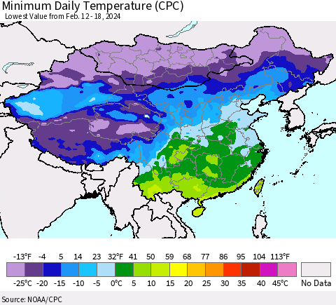 China, Mongolia and Taiwan Minimum Daily Temperature (CPC) Thematic Map For 2/12/2024 - 2/18/2024