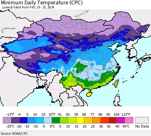 China, Mongolia and Taiwan Minimum Daily Temperature (CPC) Thematic Map For 2/19/2024 - 2/25/2024