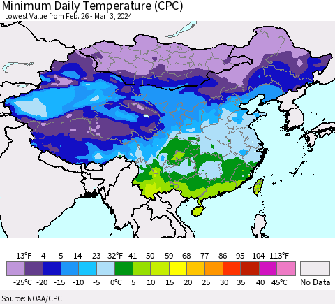 China, Mongolia and Taiwan Minimum Daily Temperature (CPC) Thematic Map For 2/26/2024 - 3/3/2024