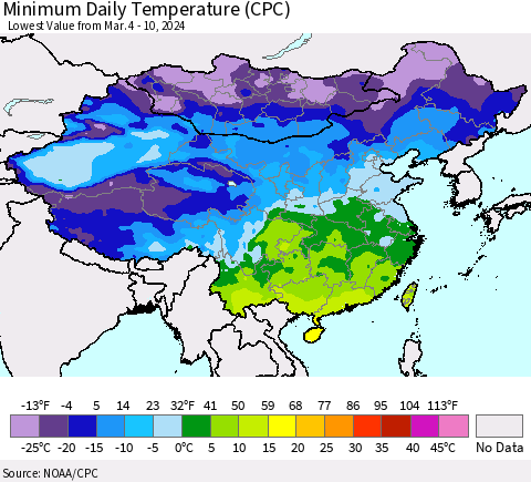 China, Mongolia and Taiwan Minimum Daily Temperature (CPC) Thematic Map For 3/4/2024 - 3/10/2024