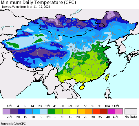 China, Mongolia and Taiwan Minimum Daily Temperature (CPC) Thematic Map For 3/11/2024 - 3/17/2024