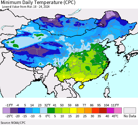 China, Mongolia and Taiwan Minimum Daily Temperature (CPC) Thematic Map For 3/18/2024 - 3/24/2024