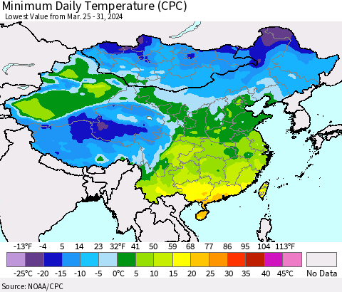 China, Mongolia and Taiwan Minimum Daily Temperature (CPC) Thematic Map For 3/25/2024 - 3/31/2024