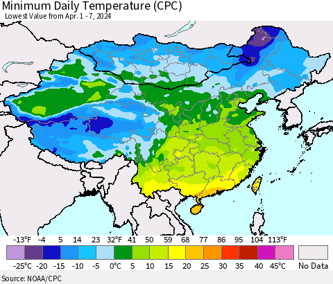China, Mongolia and Taiwan Minimum Daily Temperature (CPC) Thematic Map For 4/1/2024 - 4/7/2024