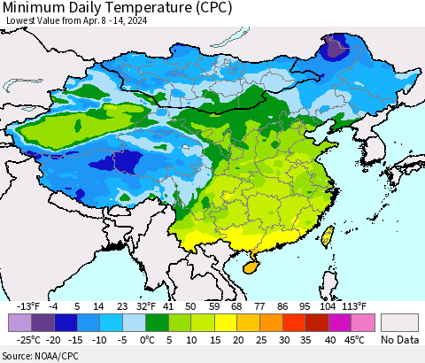 China, Mongolia and Taiwan Minimum Daily Temperature (CPC) Thematic Map For 4/8/2024 - 4/14/2024