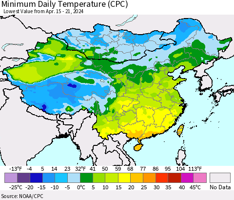 China, Mongolia and Taiwan Minimum Daily Temperature (CPC) Thematic Map For 4/15/2024 - 4/21/2024
