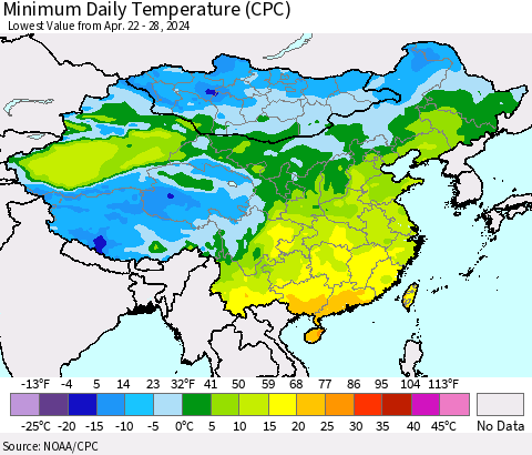 China, Mongolia and Taiwan Minimum Daily Temperature (CPC) Thematic Map For 4/22/2024 - 4/28/2024