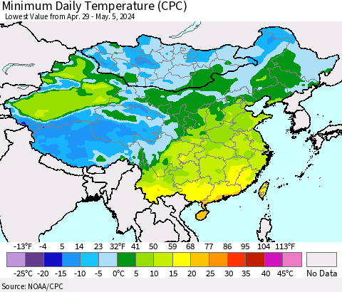 China, Mongolia and Taiwan Minimum Daily Temperature (CPC) Thematic Map For 4/29/2024 - 5/5/2024