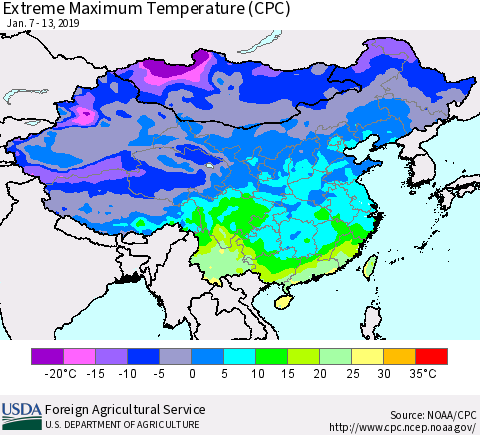 China and Taiwan Maximum Daily Temperature (CPC) Thematic Map For 1/7/2019 - 1/13/2019