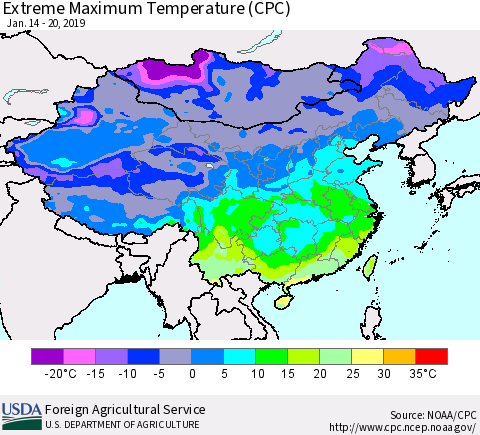 China, Mongolia and Taiwan Maximum Daily Temperature (CPC) Thematic Map For 1/14/2019 - 1/20/2019