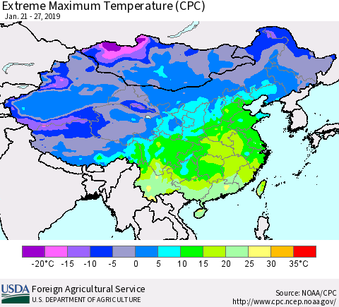 China, Mongolia and Taiwan Maximum Daily Temperature (CPC) Thematic Map For 1/21/2019 - 1/27/2019