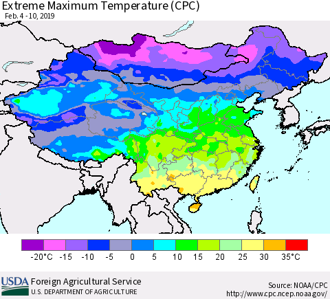China and Taiwan Maximum Daily Temperature (CPC) Thematic Map For 2/4/2019 - 2/10/2019