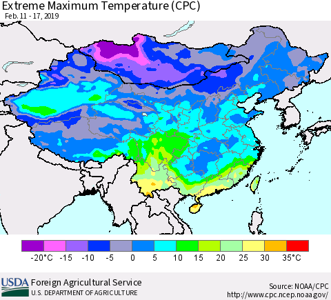 China, Mongolia and Taiwan Maximum Daily Temperature (CPC) Thematic Map For 2/11/2019 - 2/17/2019