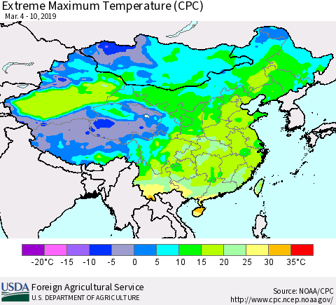 China and Taiwan Maximum Daily Temperature (CPC) Thematic Map For 3/4/2019 - 3/10/2019