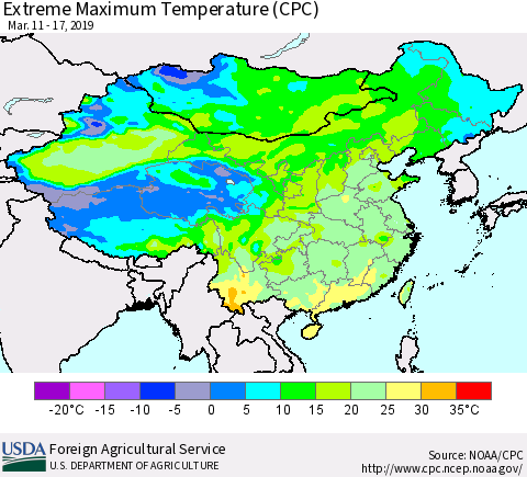 China, Mongolia and Taiwan Maximum Daily Temperature (CPC) Thematic Map For 3/11/2019 - 3/17/2019