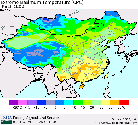 China and Taiwan Extreme Maximum Temperature (CPC) Thematic Map For 3/18/2019 - 3/24/2019