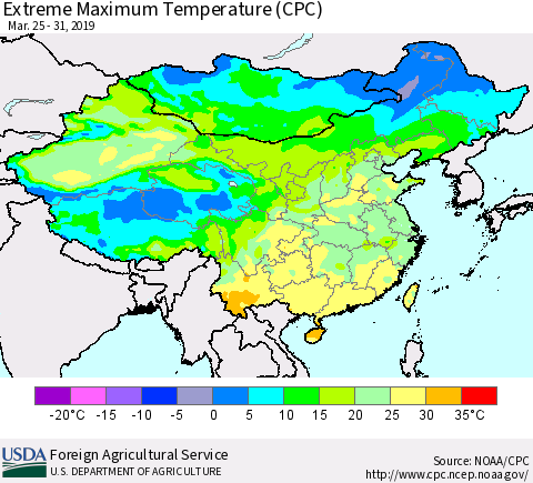 China, Mongolia and Taiwan Maximum Daily Temperature (CPC) Thematic Map For 3/25/2019 - 3/31/2019
