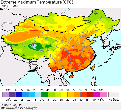 China and Taiwan Extreme Maximum Temperature (CPC) Thematic Map For 4/1/2019 - 4/7/2019