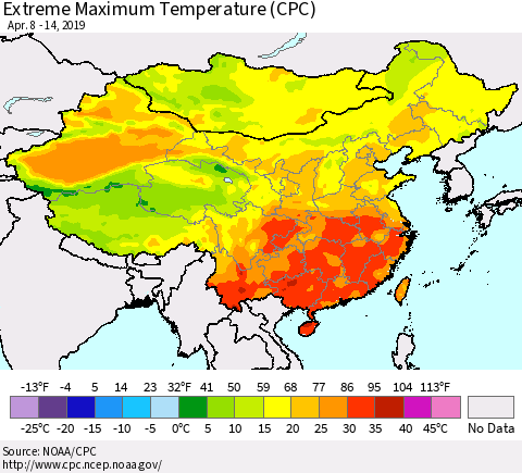China and Taiwan Extreme Maximum Temperature (CPC) Thematic Map For 4/8/2019 - 4/14/2019
