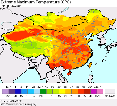 China and Taiwan Maximum Daily Temperature (CPC) Thematic Map For 4/15/2019 - 4/21/2019
