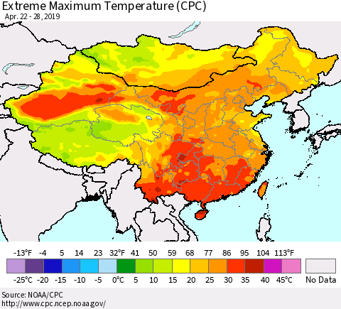 China and Taiwan Extreme Maximum Temperature (CPC) Thematic Map For 4/22/2019 - 4/28/2019
