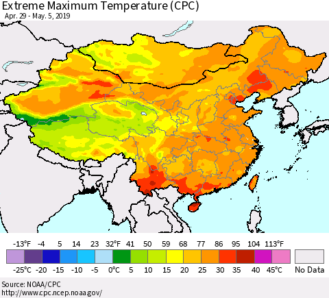 China and Taiwan Maximum Daily Temperature (CPC) Thematic Map For 4/29/2019 - 5/5/2019